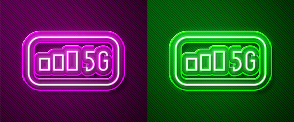 Glowing neon line 5G new wireless internet wifi connection icon isolated on purple and green background. Global network high speed connection data rate technology. Vector