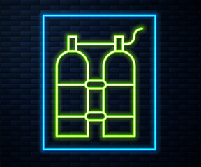Glowing neon line Aqualung icon isolated on brick wall background. Oxygen tank for diver. Diving equipment. Extreme sport. Diving underwater equipment. Vector