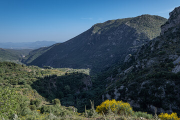 Southbound view of Lousios valley with Louysios river as seen from Dimitsana, Arcadia, Peloponnes, Greece