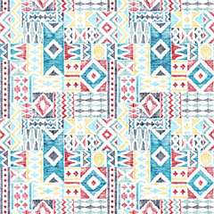 Seamless geometric pattern. Ethnic and tribal motifs. Patchwork ornament in bohemian style. Print for carpets, blankets, pillows. Grunge vintage texture. Vector illustration.