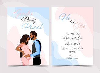 Invitation for gender reveal party with couple, happy parents. Poster with pregnant mother and dad. Vector flat illustration for card, , design, flyer, poster, decor, banner, web, advertising.