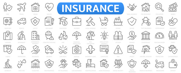 Fototapeta na wymiar Insurance icons set. Vehicle, health insurance, beneficiary, repair, coffin, glasses and more. Outline icons collection.