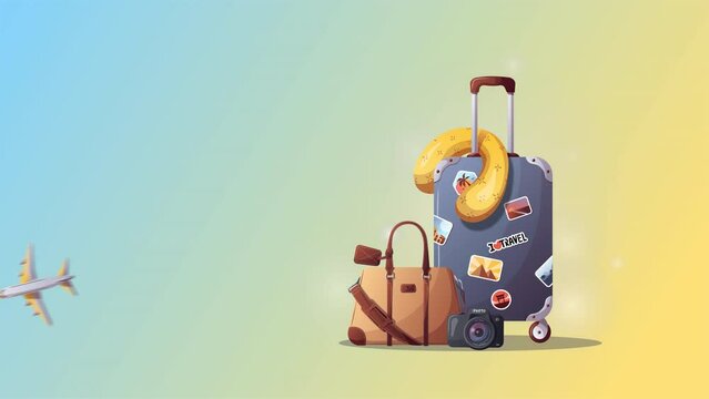 Suitcase, travel pillow, bag, airplane and camera. Travel, tourism, adventure, journey concept. Animation video.