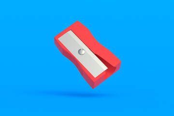 Flying pencil sharpener on blue background. Stationery accessories. Tool for school. 3d render