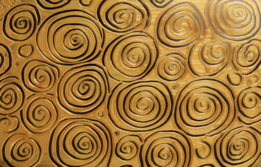 Abstract gold (bronze) color acrylic swirl wave painting. Canvas vintage grunge texture horizontal background.