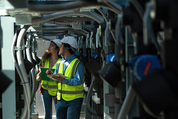 Two worker discuss job in plant room. worker co-worker on Air condition system planton background....