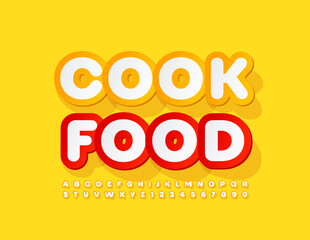 Vector creative poster Cook Food. Yellow stylish Font. Modern Alphabet Letters and Numbers set