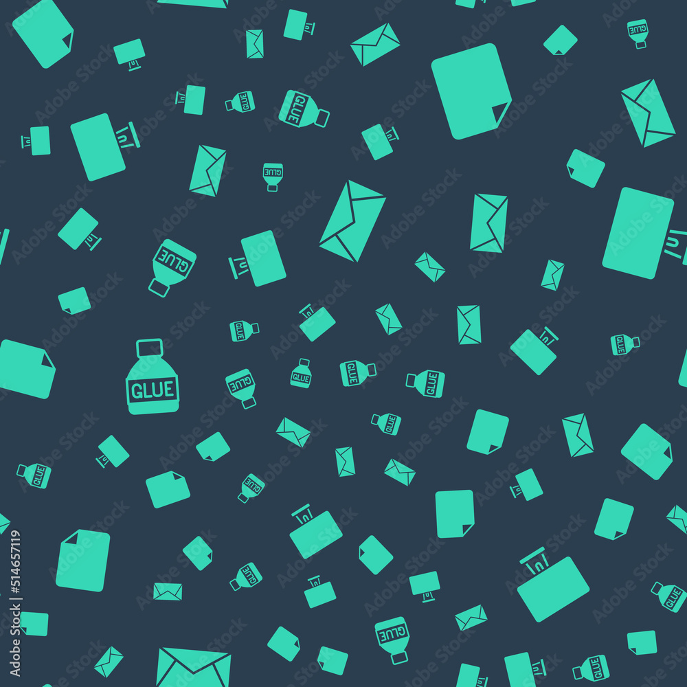 Poster set mail and e-mail, file document, glue and computer monitor on seamless pattern. vector