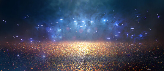 background of abstract gold, black and blue glitter lights with fireworks. defocused