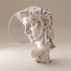 Marble David's head. Magnifying glass. White statue of David on nice, plaster background. 3D render.