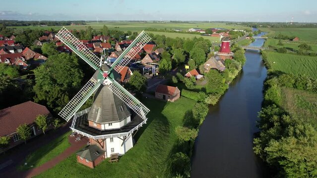 Greetsieler Zwillingsmuhlen, Greetsiel, Krummhoern, East Frisia, Lower Saxony, Germany, Europe
