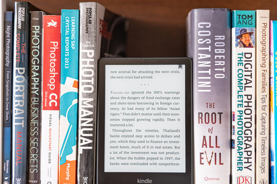 1 July 2022 - Calgary, Alberta Canada - Amazon kindle tablet for reading books.