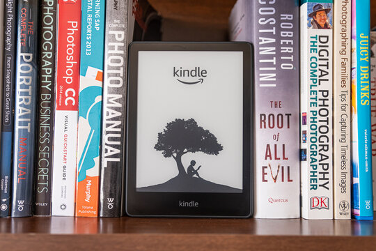 1 July 2022 - Calgary, Alberta Canada - Amazon kindle tablet for reading books.