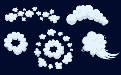 Cartoon dust clouds Set. Comic cloud shape, spray air smoke, fog road, explosion bomb, car gas, puff magic effect, steam wind silhouette, spooky fume smog, gam explode bubbles. Vector illustration