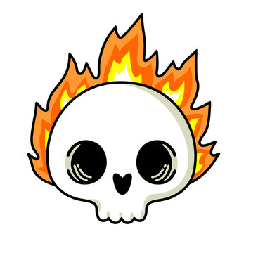 Cut Skull on fire with flames. For stickers, posters, tattoos and t-shirt design. Vector colored illustration.