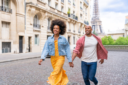 Afro-american beautiful couple in love visiting Paris
