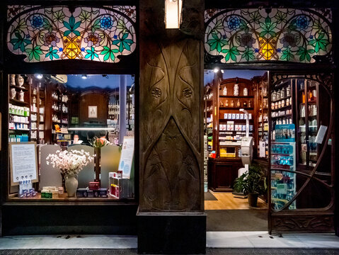 Barcelona, Spain - September 10, 2018 - Antique shop-windows of a pharmacy