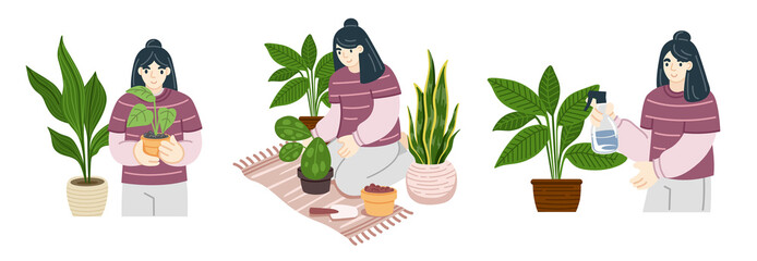 Woman gardening, growing, watering houseplants at home. Set of colored flat vector illustrations of trendy people with house greenery.