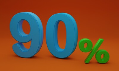 3d illustration, ninety percent sign on red background, discount sign, validation sign, 3d rendering