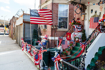 American flags and decoration in the steets of Brooklyn, New York City on the 4th of July -  United...
