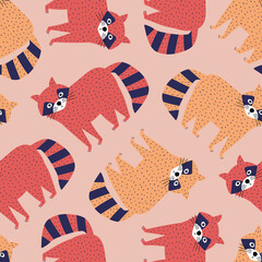 Cute colorful raccoons hand drawn vector illustration. Funny forest animal in flat style seamless pattern for kids fabric or wallpaper.