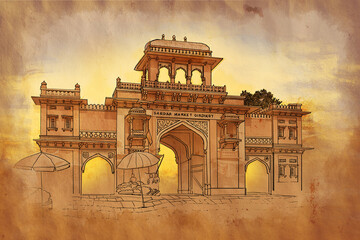 Clock tower and Sardar Market gate in Jodhpur by Mehrangarh fort, Rajasthan, India. Artistic  sketch. Hand drawn postcard, poster, book illustration 