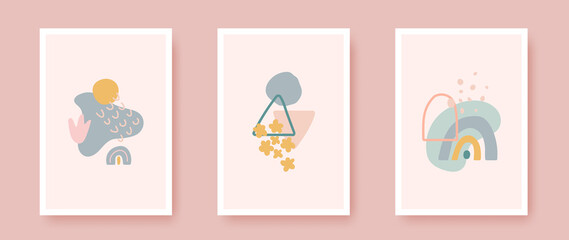 Fototapeta na wymiar Minimal art. Poster set with organic design element. Modern room wall decor. Unique hand drawn collage. Geometric shapes in pastel color. Contemporary texture for print, brochure. Vector illustration