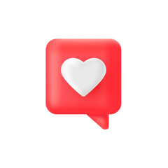 Like 3d icon. Social media speech bubble with heart. Love quote element. Comment button. Online message. Notice people. Chat communicate text. Notification label. Emoji reaction.Vector illustration