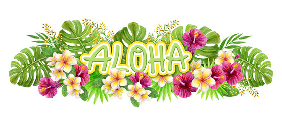 Aloha Hawaii greeting. Hand drawn watercolor painting with Chinese Hibiscus rose flowers and palm leaf isolated on white background. Tropical floral summer ornament. Design element.
