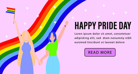 Lesbian couple holding hands. Gay pride parade. Lesbians participate in LGBT pride. Vector illustration in a flat style. LGBTQ banner template on pink background.