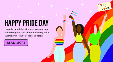 Gay pride parade. Lesbians participate in LGBT pride. Vector illustration in a flat style. LGBTQ banner template on pink background.
