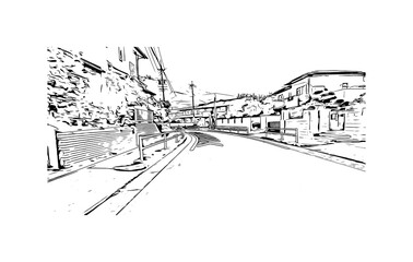 Building view with landmark of Nagoya is the city in Japan. Hand drawn sketch illustration in vector.