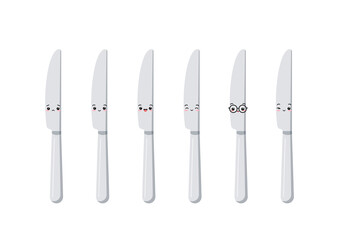 Cute silver knife kawaii character icon isolated on white background. Dining cutlery flat design element chrome kithen knife emoji. Top view silver tableware. Vector cartoon kitchenware illustration.