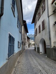 The alley in historical town of Poschiavo located in Canton Graubunden, Switzerland.