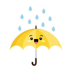 Cute open umbrella with rain drop cartoon character emoji icon. Funny yellow parasol mascot emoticon with face. Happy umbrella flat kawaii clip art vector illustration.