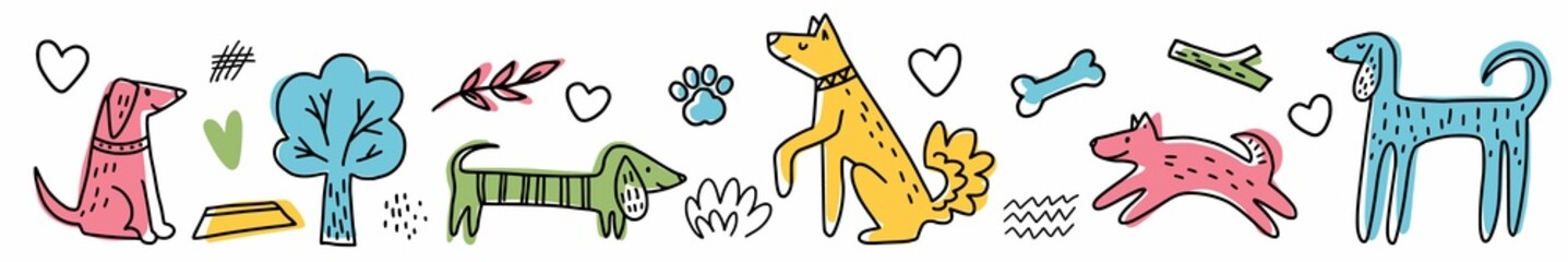 Vector, children's, horizontal pattern with dogs, hand-drawn © Abundzu