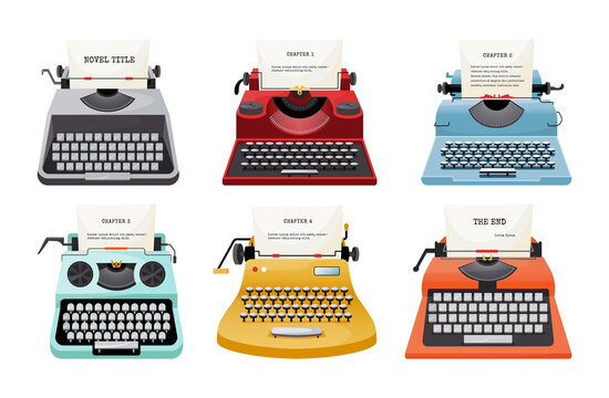 Retro typewriter. Vintage brand for copywriter, screenplay, news writer and storytelling. Poet, screenwriter and novelist equipment. Icon isolated elements. Vector cartoon flat illustration