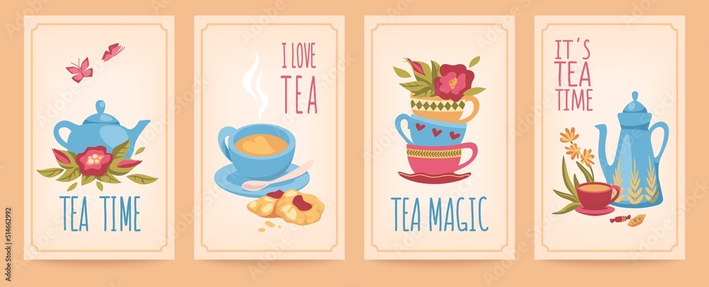 Wall mural Tea time poster set. Background for signboard lettering, bakery posters, cafe decoration, afternoon sweet home party with biscuit, hot drinks, cute teacups. Vector sketch with english text