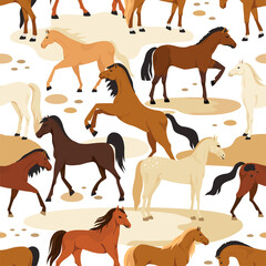 Horse pattern. Wild tribal animal running with equestrian. Fashion characters. Equine mammal dressage. Pony poses and actions. Mare and stallion. Vector seamless illustration background