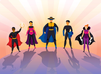 Superhero team. Silhouette league of justice background, group of man and woman figures in capes, protectors party. Heroic people clipart. Strong muscular persons. Vector cartoon illustration