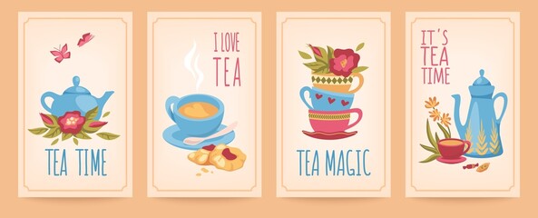Tea time poster set. Background for signboard lettering, bakery posters, cafe decoration, afternoon sweet home party with biscuit, hot drinks, cute teacups. Vector sketch with english text - obrazy, fototapety, plakaty
