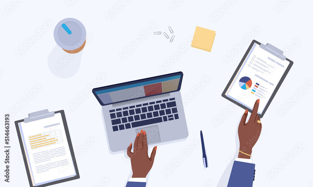 Poster Table top view. Employee workspace. Cartoon character working with computer. Wireless device. Office workplace. Woman hands on desk with laptop and tablet. Vector portable PC technology