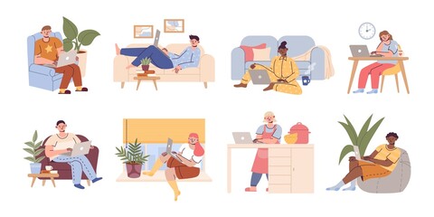 Freelance people at work. Home remote office with characters, men and women sitting with laptops at home, professional freelancer, distant work in comfortable workplace. Vector cartoon set