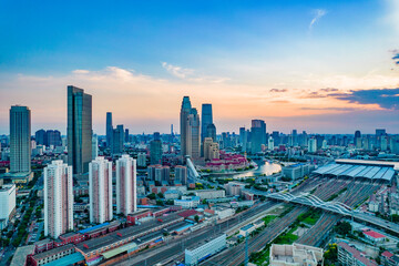 Fototapeta na wymiar Aerial shot of city high-rise in the evening