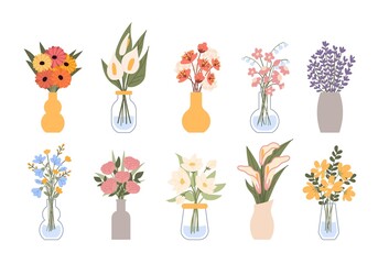 Flat floral bouquet. Gift with flower blossoms in vase, bunch of plants and blooming leaves, garden decor with botanical elements. Beautiful spring summer decor. Isolated vector illustration