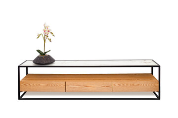 Wooden cabinet . Chest of drawers with wooden doors with decorative metal elements. Sideboard on white background.