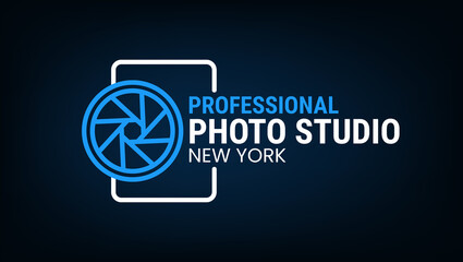 Photography logo. Photo studio icon. Vintage camera element and text. Optical capture. Photographer badge logotype. Shot stamp brand emblem. Lens diaphragm. Modern vector label design