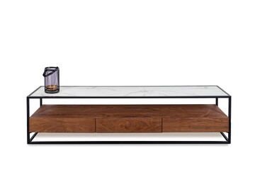 Wooden cabinet . Chest of drawers with wooden doors with decorative metal elements. Sideboard on white background.