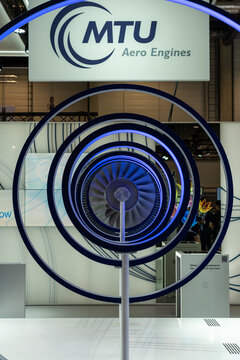BERLIN, GERMANY - JUNE 23, 2022: The stand of MTU Aero Engines AG, is a German aircraft engine manufacturer. Exhibition ILA Berlin Air Show 2022