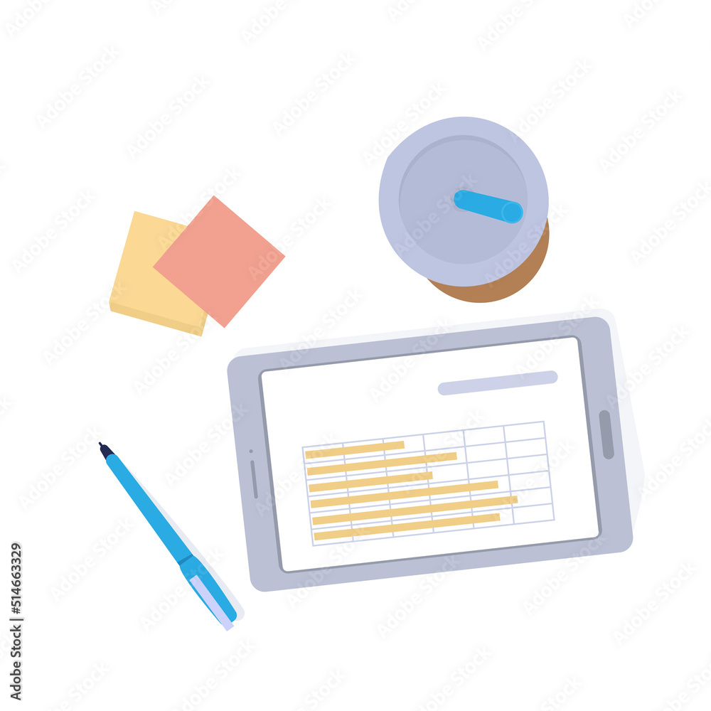 Poster Table top view. Digital tablet on desk. Office workplace. Drink glass and stationery. Portable electronic device. Modern workspace. Pen and notes. Notebook screen. Vector work scene